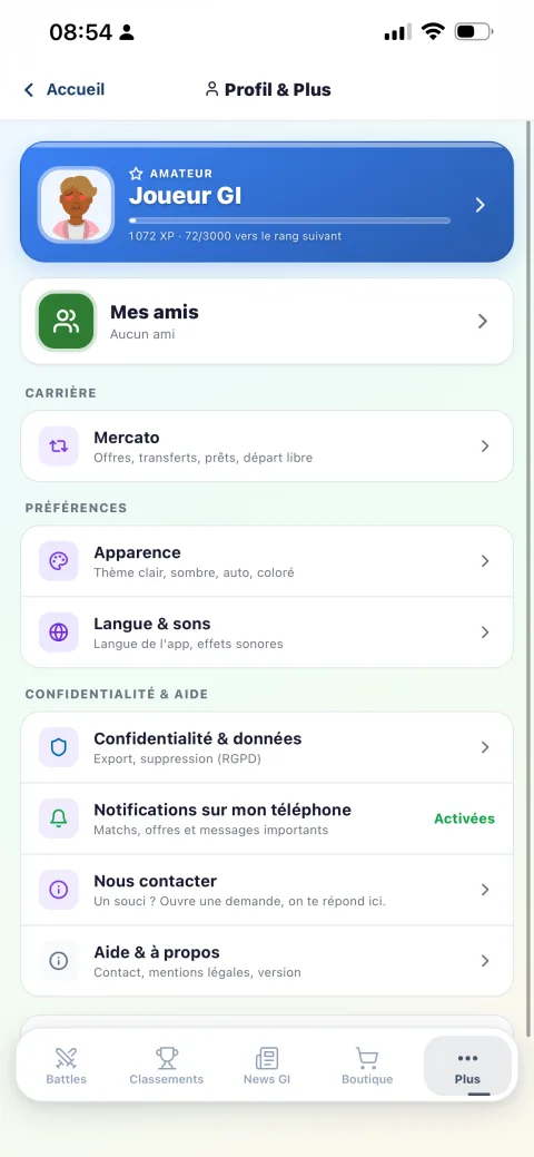 Profil et communauté de l'application GI